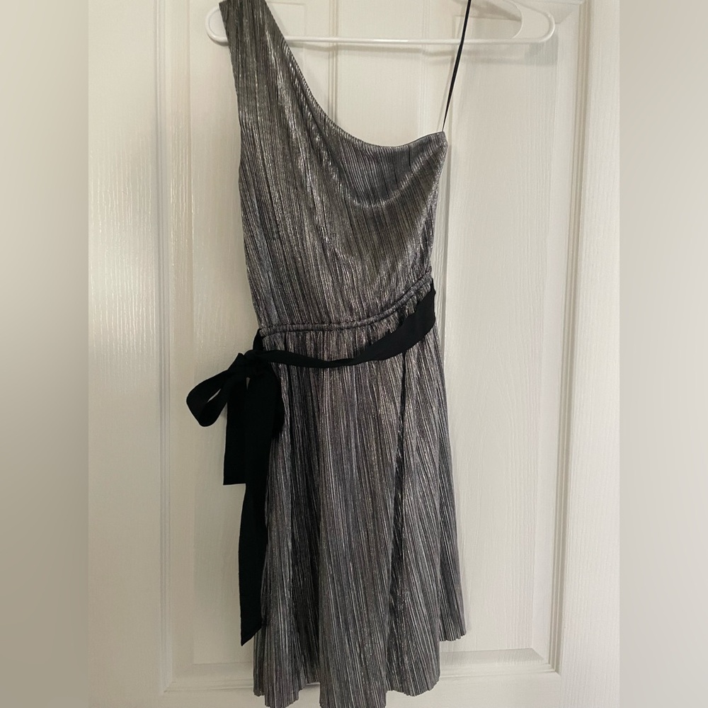 Metallic silver, one shoulder mini dress